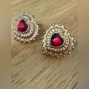 Vintage Avon Signed Goldtoned & Ruby Red Heart Stud Dangle Earrings - STUNNING